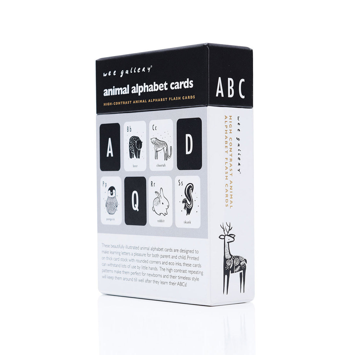 back of the box of the animal alphabet cards.  box is black and white and shows samples of the cards