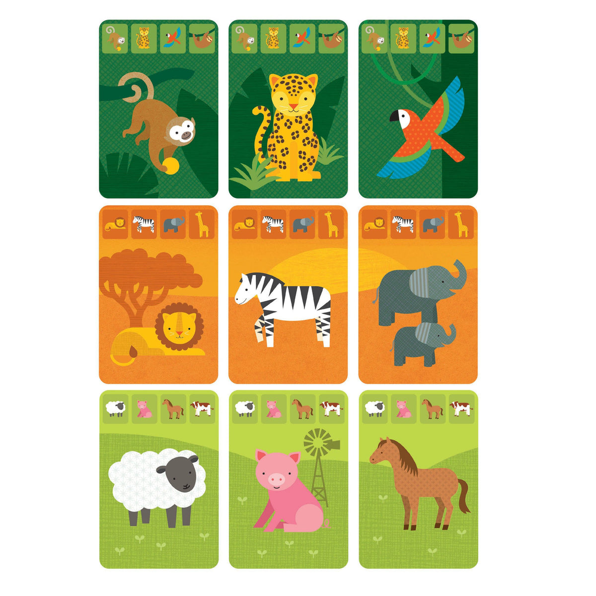 Set of animal-themed playing cards with colorful illustrations on a white background