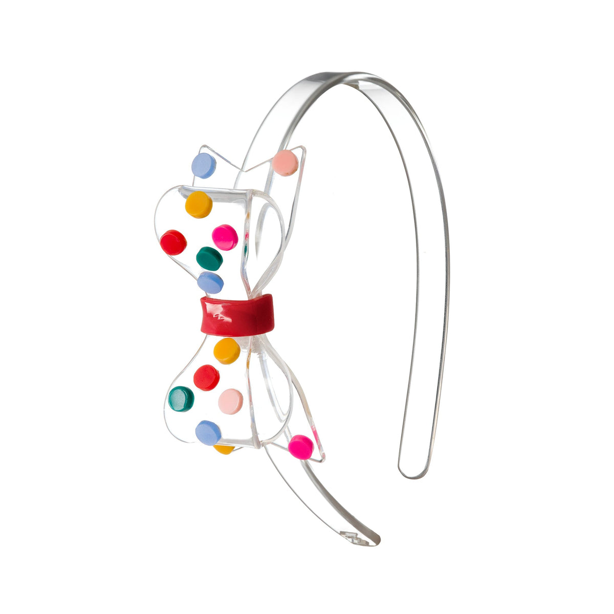 Clear headband with colorful polka dots on a white background