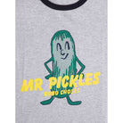 Gray t-shirt with a green pickle character and 'Mr Pickles' text on a white background