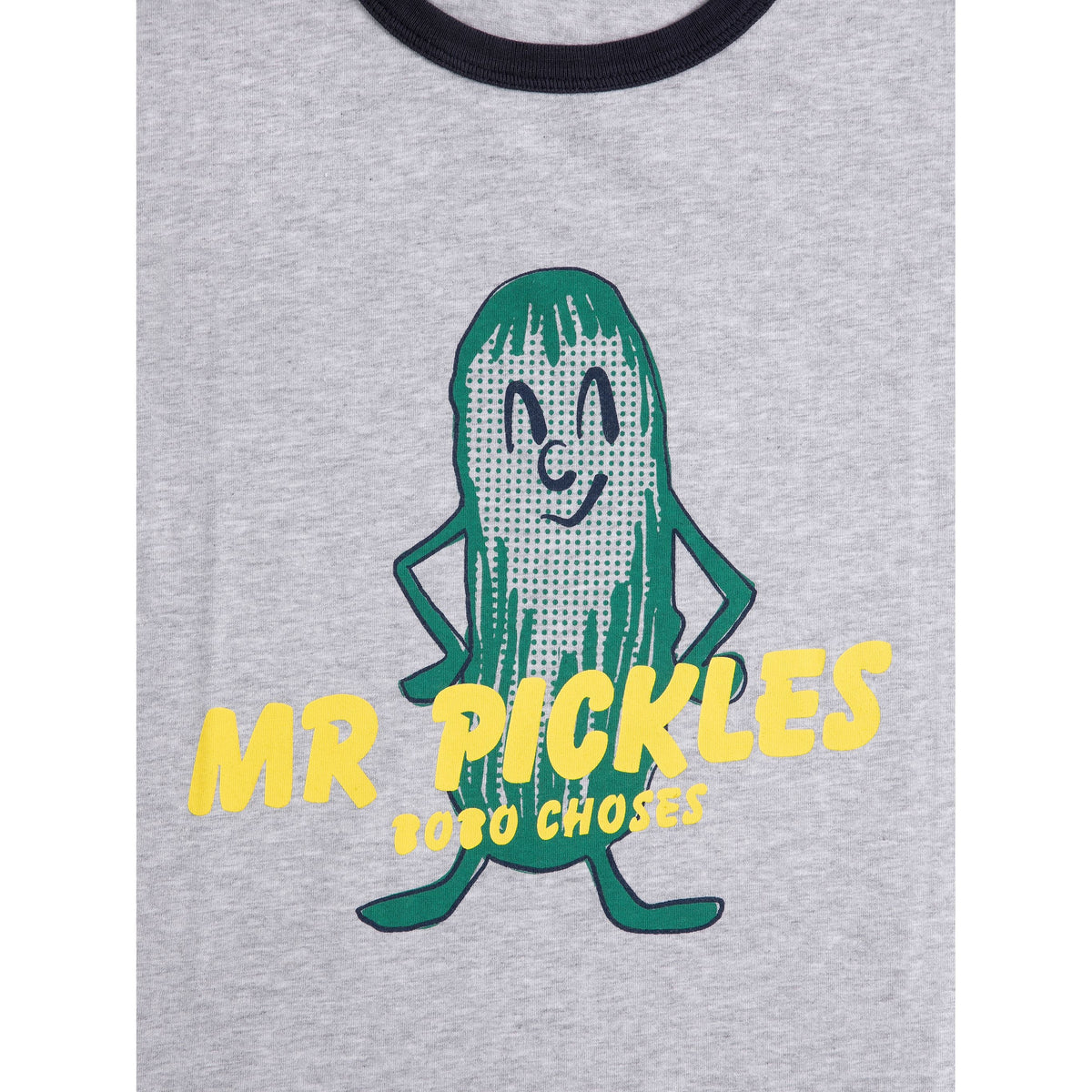 Gray t-shirt with a green pickle character and 'Mr Pickles' text on a white background