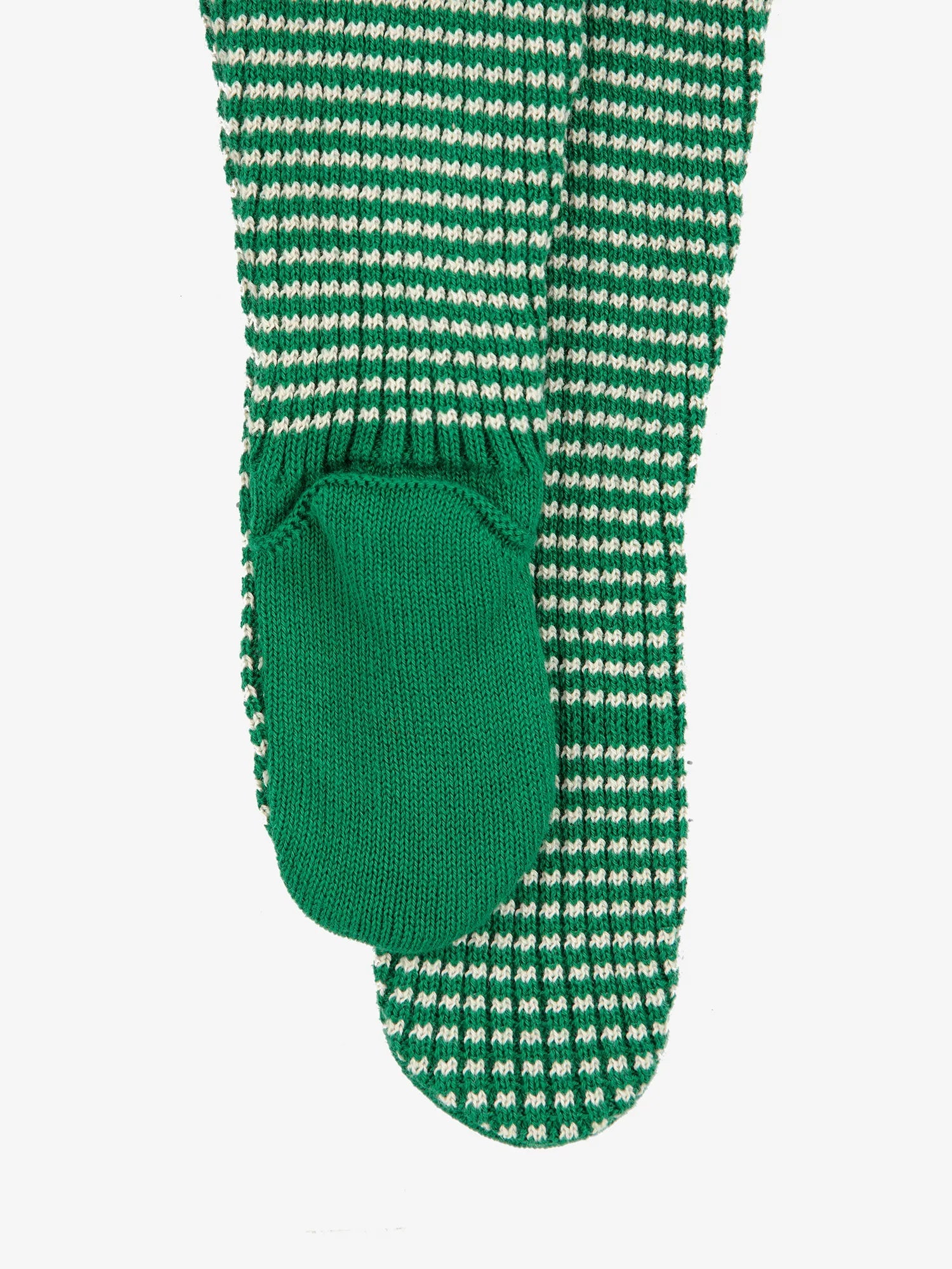 Green and white striped sock with a green heel on a white background