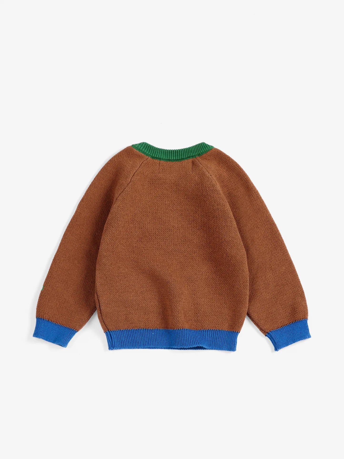 A brown knit sweater shown from the back, featuring a green ribbed crew neck and blue ribbed cuffs and hem.