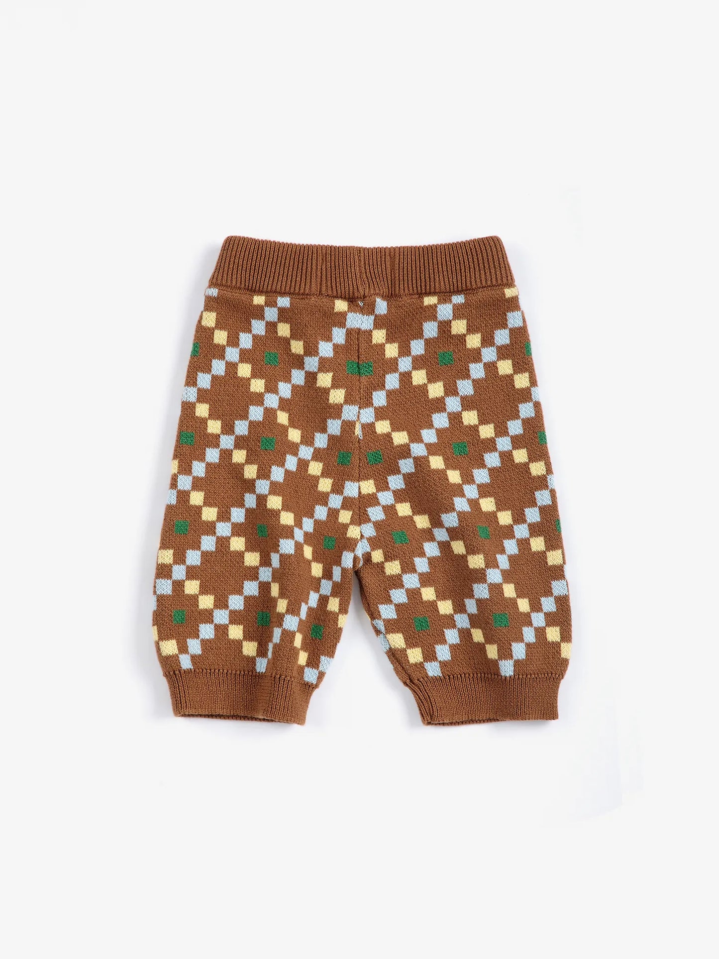 A pair of baby knit pants in brown with a geometric diamond pattern in light blue, beige, and green, featuring an elastic waistband and ribbed ankle cuffs, shown flat on a white background.