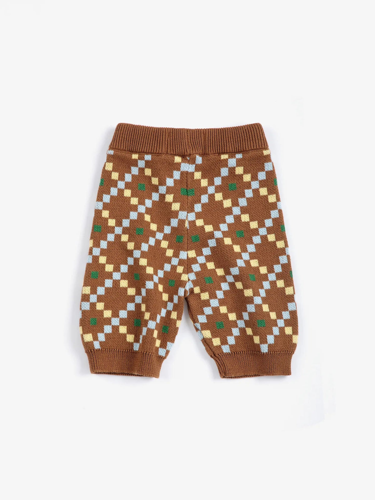 A pair of baby knit pants in brown with a geometric diamond pattern in light blue, beige, and green, featuring an elastic waistband and ribbed ankle cuffs, shown flat on a white background.