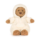 Stuffed bear in a white onesie with brown paws and face on a white background