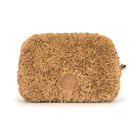Brown fluffy pouch with a brand logo on a white background