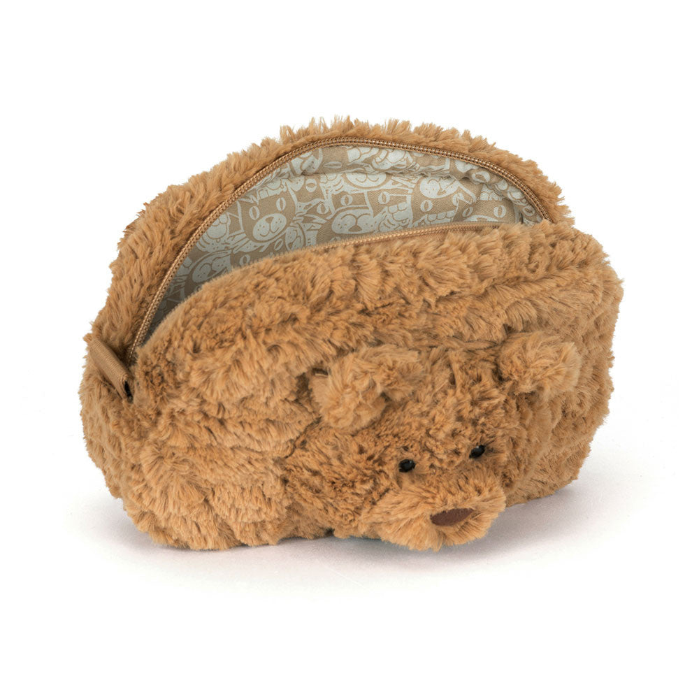 Brown teddy bear-shaped pouch with a zipper on a white background