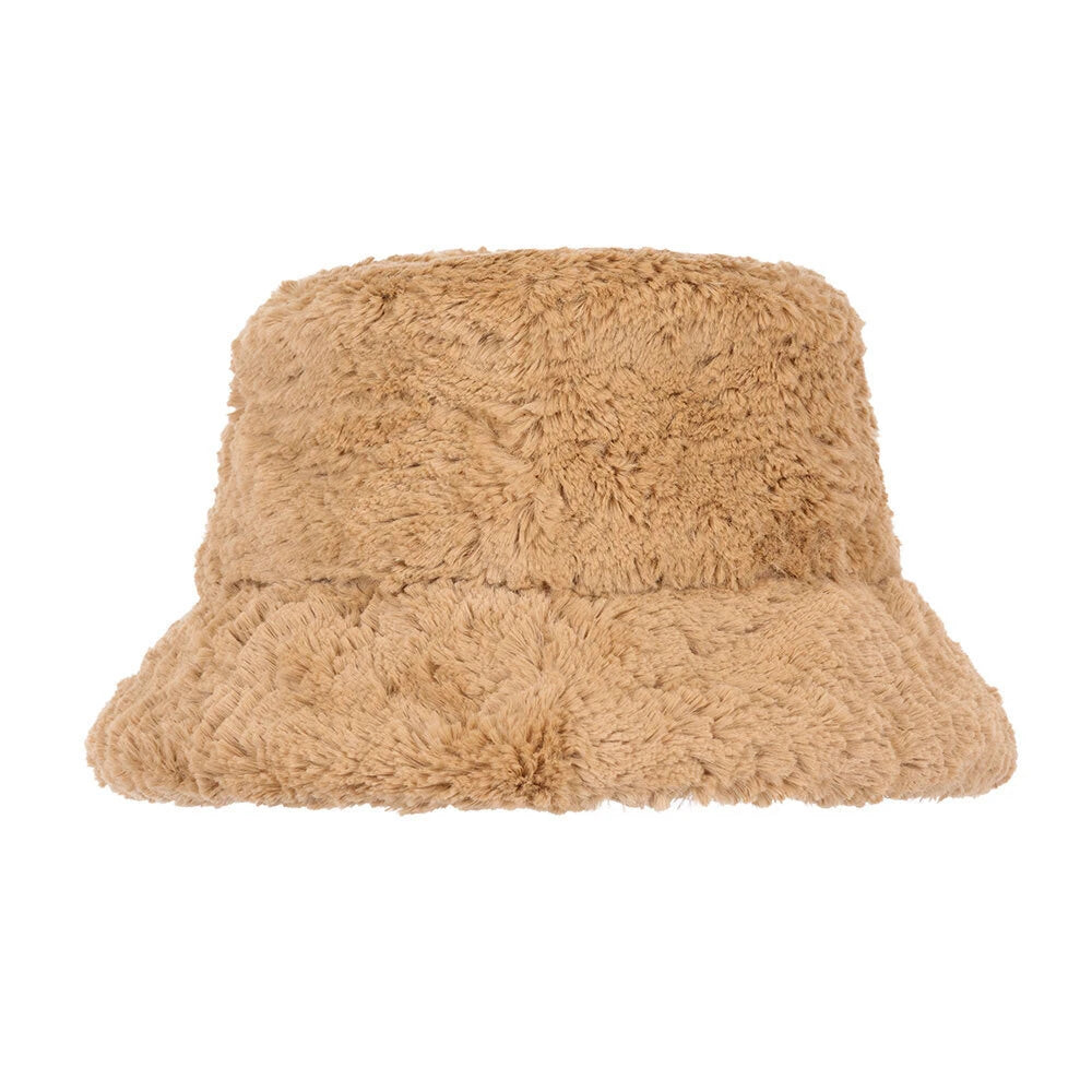 A tan fuzzy bucket hat with a soft, shaggy texture, shown from a front-facing perspective on a solid white background.