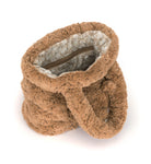 A plush, fuzzy brown slouchy handbag with a patterned lining and a zippered closure, shown on a white background.