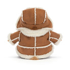 A brown faux-suede hooded jacket with thick cream sherpa lining, shown from the back on a white background.