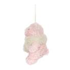 A fluffy pink plush bunny ornament with a cream faux-fur collar and a hanging loop, shown against a plain white background.