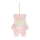 A small plush teddy bear ornament in soft pink curly fabric with a fluffy cream band around the middle and a cream hanging ribbon, shown on a plain white background.