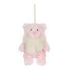A small plush teddy bear ornament or hanging decoration in soft pink and cream white, with a cream hanging loop at the top, shown against a plain white background.