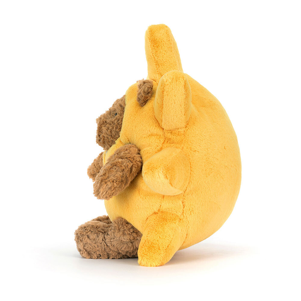 Yellow plush toy with a brown bear inside on a white background