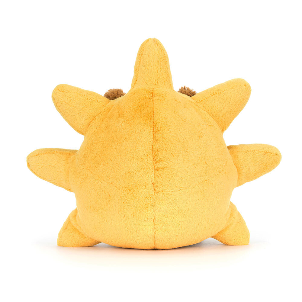 Yellow plush toy with star-shaped body on a white background