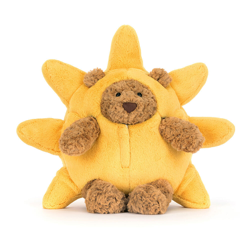 Plush toy shaped like a sun with a bear face on a white background