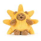 Plush toy shaped like a sun with a bear face on a white background