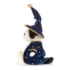 A plush dog toy dressed as a wizard, featuring a navy blue velvet robe and pointed hat with gold embroidered stars and a crescent moon, set against a plain white background.