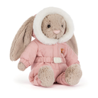 Plush toy rabbit in a pink snowsuit with white fur trim on a white background