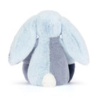 Plush toy rabbit with light blue and gray colors on a white background