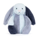 Plush toy rabbit with gray and blue color scheme on a white background