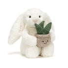 A white plush bunny holding a small green succulent in a beige pot with a smiling face, photographed on a clean white background.