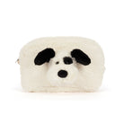 A fluffy faux-fur pouch shaped like a dog face, featuring black ears, nose, and eyes on a white background.