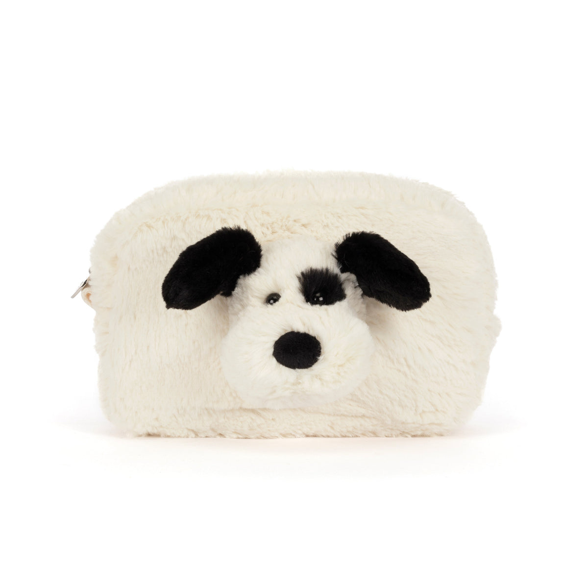 A fluffy faux-fur pouch shaped like a dog face, featuring black ears, nose, and eyes on a white background.