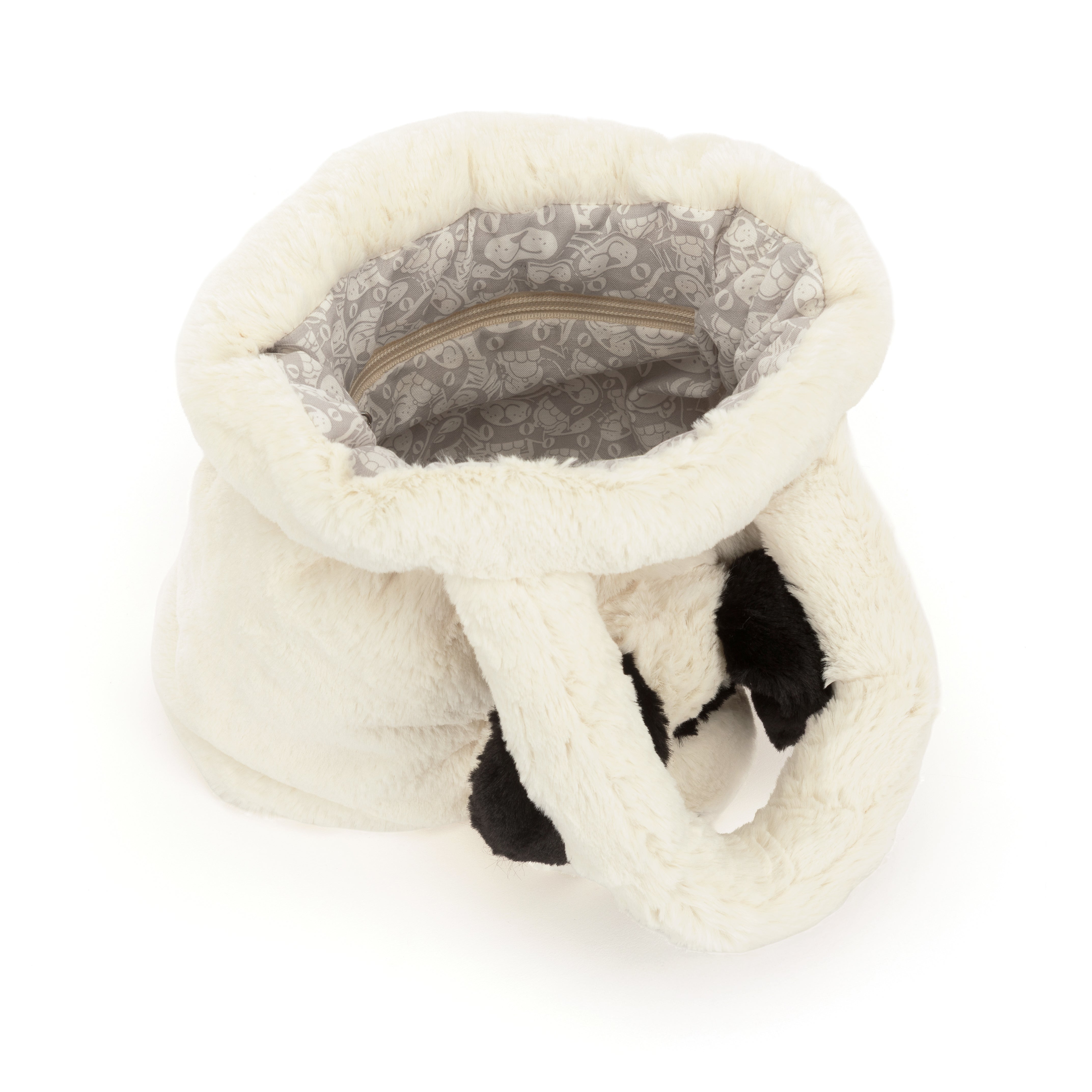 A plush white pet bed shaped like a panda, featuring black faux-fur ears and a gray patterned interior lining, shown on a white background.