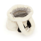 A plush white pet bed shaped like a panda, featuring black faux-fur ears and a gray patterned interior lining, shown on a white background.