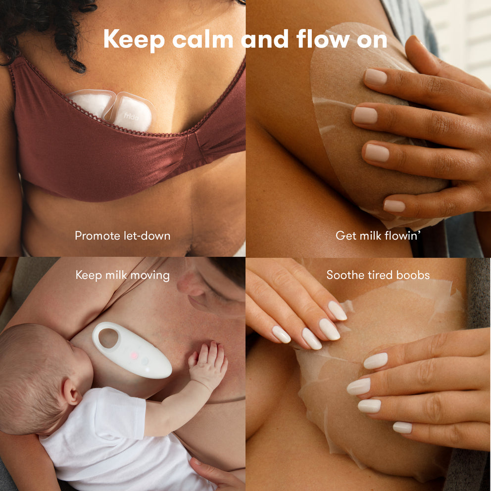 Collage of images related to breastfeeding support with text and product usage.