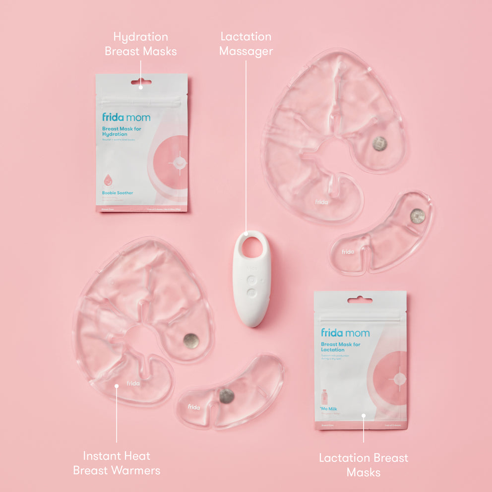 Frida Mom breast care products including masks, massage device, and warmers on a pink background