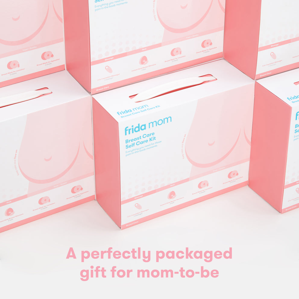Frida Mom breast care kit packaging on a white background with pink accents.