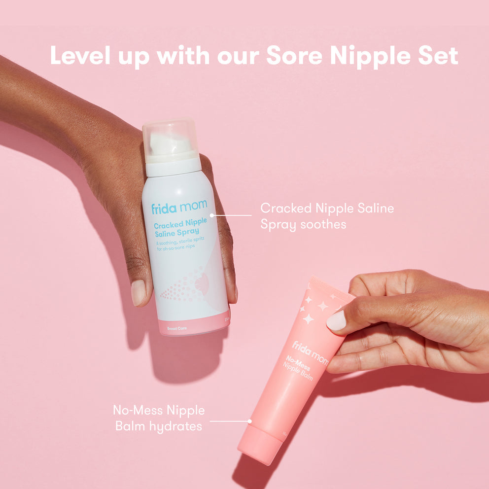 Two skincare products for cracked nipples held by hands against a pink background.