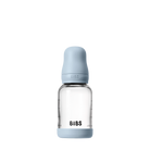 BIBS baby bottle with light blue cap and base on a white background