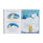 Illustrated book pages with teddy bears in a snowy scene