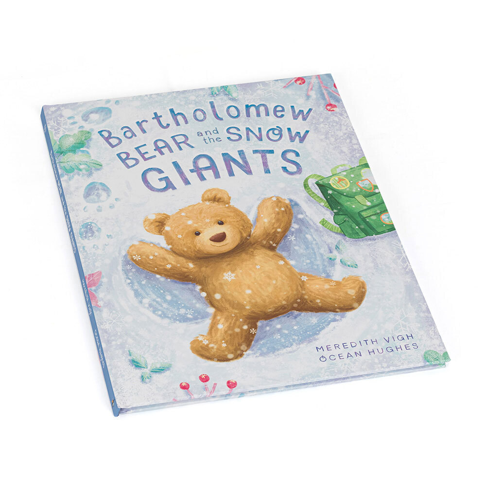 Book titled 'Bartholomew Bear and the Snow Giants' with a bear illustration on the cover.