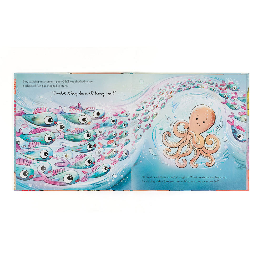 Illustration of an octopus surrounded by fish in a children's book