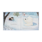 Open book showing two pages with a penguin and a polar bear in a snowy landscape.