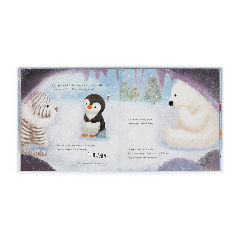 Illustrated book pages with a zebra, penguin, and polar bear in a snowy scene.