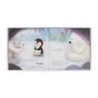 Illustrated book pages with a zebra, penguin, and polar bear in a snowy scene.