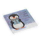 Children's book titled 'Peanut Penguin's Perfect Present' with a penguin holding a gift on a snowy background.