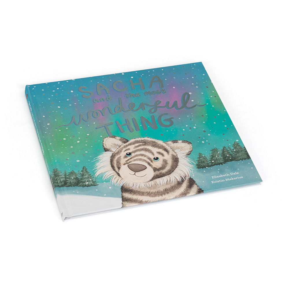 Children's book titled 'Sacha and the most wonderful thing' with a tiger illustration on a snowy background.