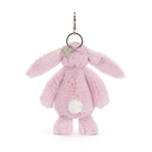 Pink plush bunny keychain with a tag on a white background