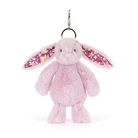 Pink plush bunny keychain with floral ears on a white background