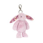 A pink plush bunny keychain with long ears featuring a purple and white floral pattern, attached to a silver metal clasp, shown on a plain white background.