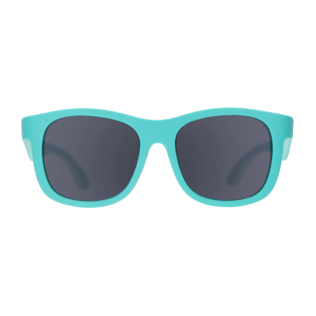 Turquoise sunglasses with dark lenses on a white background