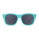 Turquoise sunglasses with dark lenses on a white background