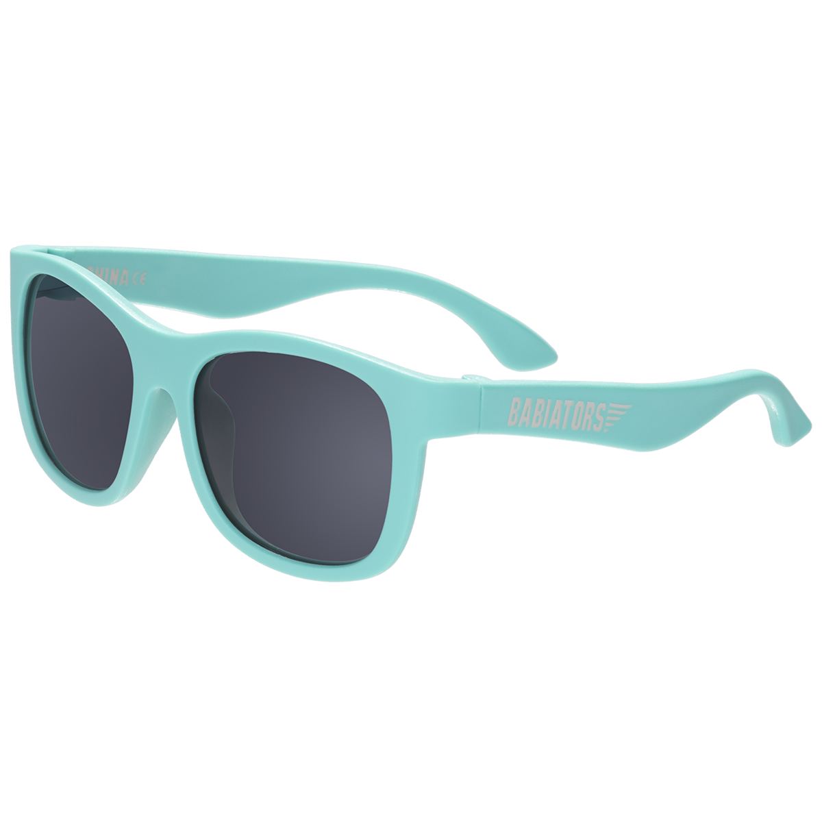 Turquoise sunglasses with dark lenses on a white background